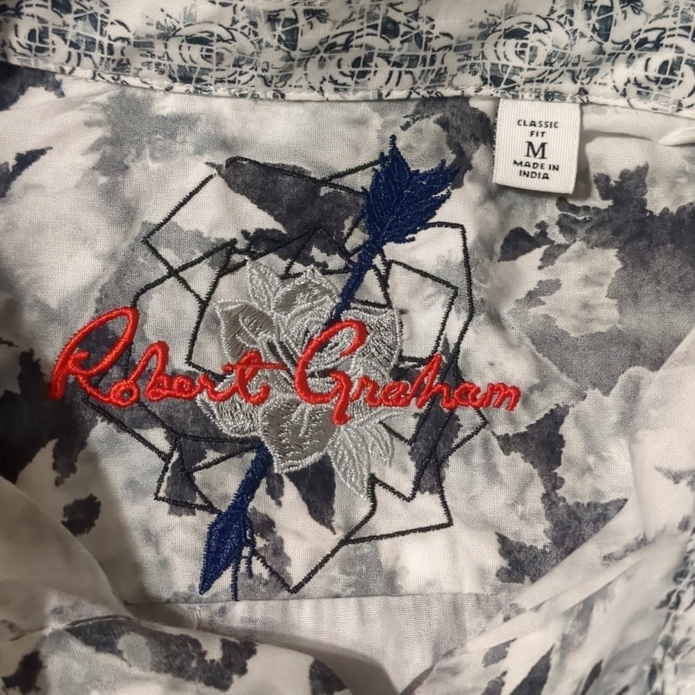 Robert Graham Long Sleeve Fort Summer Abstract White Black Shirt Classic Fit SzM - Picture 7 of 10